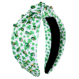 MOLOCH St.Patrick's Day Headband for Women Beads Printed Lucky Clover Knotted Headband Green Crystal Jeweled Top Knot Head Band Irish Shamrock Hairband St.Patricks Day Gifts