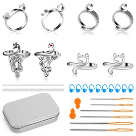 Deudy Crochet Rings, Adjustable Crochet Rings Finger, Crochet Knitting Thimble Thread Guide Ring with Darning Needle, Metal Adjustable Crochet Knitting Loop for DIY Knitting Crafts