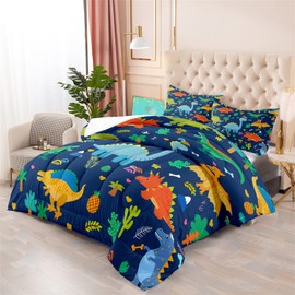Cute Cartoon Dinosaur Bedding Set, Ultra Soft Full Size Comforter Set for Boys, Lovely Dinosaur Printed Comforter for Kids Teens, Dark Blue Microfiber Quilt for All Season 3Pcs with Pillowcases