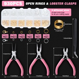LEONTOOL 930 Pcs Jump Rings Lobster Clasps with Jewelry Pliers for Jewelry Making and Repair, Needle Nose, Round Nose Pliers and Wire Cutter, Tweezer, Thimble Ring for Wire Wrapping, Bracelets Crafts