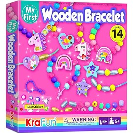 KRAFUN Unicorn Bracelet Craft Kit for Kids, Premium Wooden Beads, 14 Easy DIY Friendship Bracelets, Charms, Gem Stickers, Instructions, Gift for Girls