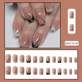 French Tip Press on Nails Rhinestone Fake Nails Medium Square Stick on Nails Glossy Nude Acrylic Press ons Cute False Nails Full Cover Artificial Nails Natural Stick on Nails for Women 24Pcs