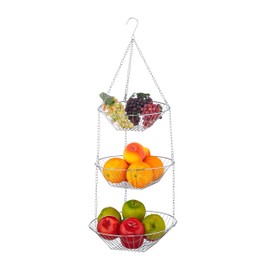 Relaxdays Hanging Basket 3-Tier Hanging Fruit Baskets, Ceiling Stand, Space-Saving, Kitchen, Steel, Silver