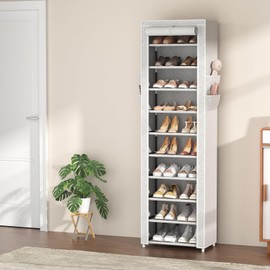 VTRIN Vertical Narrow Shoe Rack Organizer Tall Shoe Rack for Closet Entryway 10 Tier Non-Woven Cover Shoe Shelf Holds 20-22 Pairs Free Standing Shoe Storage Cabinet with Dustproof Cover, Multi Color