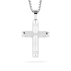 Buve Cross Pendant Necklace Stainless Steel Gray Textured & Polished Silver with a CZ Diamond Inlay With a 26 Inch Silver Rolo Chain
