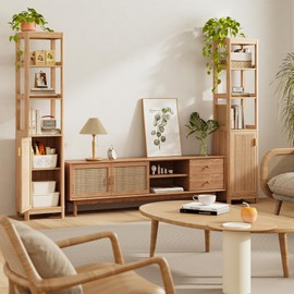 INNOD 68'' Tall Narrow Storage Cabinet with Adjustable Shelf and Door, Bathroom Storage Cabinet, Space Saver for Bathroom, Kitchen, Living Room, Natural Oak