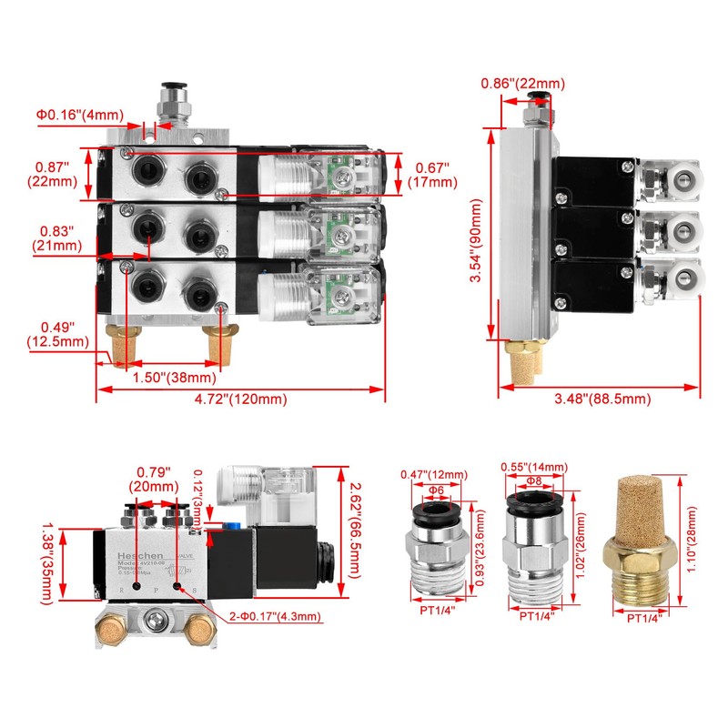 Heschen Electro-Pneumatic Triple Solenoid Valve, 4V210-08, DC 12V, PT1/4 5-Way