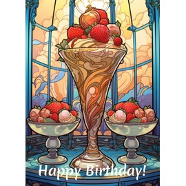 PIXILUV HAPPY BIRTHDAY Greeting card ~ Beautiful Elegant Illustration of Ice-Cream Desserts ~ Birthday Wishes Greetings Vintage Large Card
