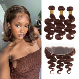 MOMOSHERO Chocolate Brown 3 Bundles with 13x6 Frontal Human Hair 18 20 22+18 Inch, 12A 100% Soft Glossy Remy Hair Color #4 Dark Brown Bundles Wavy and 13X6 HD Lace Frontal Closure Ear to Ear Free Part
