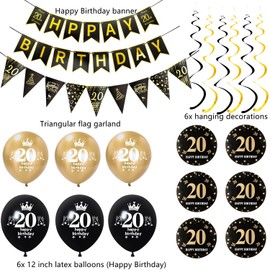 Black Gold Garland Happy 20 Years Birthday Banner + Triangle Flags + 20 Years Birthday Hanging Decorations Balloons 20 Years Birthday Woman Man Decoration Birthday 20 Years Man