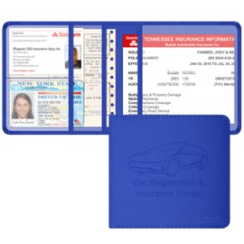 Techion Car Insurance and Registration Holder, 5.5 x 5 Inch PU Leather Vehicle Glove Box Organizer Wallet Case for Insurance Card, Driver License, Paperwork - Blue