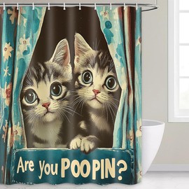 Funny Cat Shower Curtain Cute Retro Cool Cartoon Kitty are You Poopin' Fun Teal Humorous Animal Cloth Bathroom Shower Curtain Set with Hooks 71X71 Inch