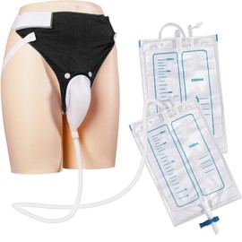 Wearable Urine Collector Set with Silicone Catching Capsule, 1.2M Flexible Catheter, Comfortable Cotton Pants, 1000ml & 2000ml Collection Bags for Day and Night Use, Elderly Men Black