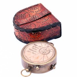 Antique Maritime NOT All Those Who Wander are Lost Copper Dial Vintage Marine Brass Compass with Leather Box