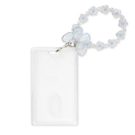 Kpop Card Holder Keychain Blue Cute Photocard Holders Case Single Sleeve Clear Acrylic Badge ID Holder with Heart Beads Butterfly Pendant Landyard Idols K-pop Album Binder Photo Frame for Women Girls