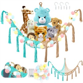 Popstick Stuffed Animal Hammock Corner with LED Light, Toys Holder for Stuffed Animal Storage, Wall Hanging Net Toy Organizer for Kids Girls Bedroom (Sky Dune)