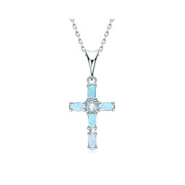 Cross Necklace for Women Sterling Silver Marquise Cut Opal Pendant with Zirconia Dainty Opal Faith Cross Necklace Religion Jewelry Gift