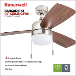 Honeywell Ceiling Fans Barcadero Modern 44 Inch Ceiling Fan with Light, Pull Chain LED Indoor Fan with 3 Blades, Maple and Brown Maple Blade Finish Options, Brushed Nickel (50616-01)
