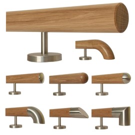 TIBU Oak Wooden Handrail Railing 0.3 m - 6 m, Length 30 cm, End Chamfered and 2 Straight Holders
