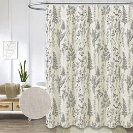 Rustic Leaves Linen Shower Curtain for Bathroom Heavy Duty 230GSM Textured Fabric Shower Curtain Set Cute Nature Herbs Design Modern Farmhosue Chic Boho Botanical Plants Bathroom Decor