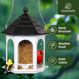 Kingsyard Metal Bird Feeder for Outdoors Hanging, 3 lbs Seed Feeder, Wild Bird Feeders for Garden Cardinal Finch Bluebird, Easy to Fill & Clean, White