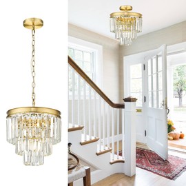 KLKLCH Small Chandelier Light Fixture, Gold Crystal Pendant Light, 3 Tiered 12" Modern Mini Hanging Lights, Vintage Chandeliers for Bedroom Dining Room Kitchen Island Entryway Living Room Foyer