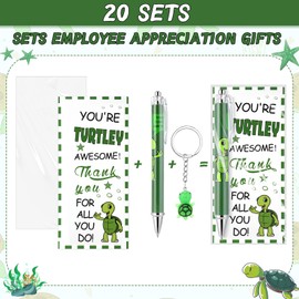 Sayglossy 20 Sets Employee Appreciation Gifts Positive Turtle Keychain with Thank You Cards Fancy Pens Emotional Support Turtle Bulk Inspirational Gifts Bulk for Turtle Lover Employees Coworkers