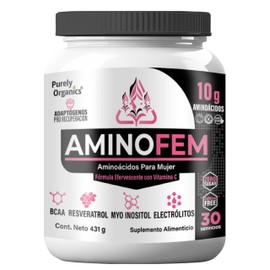 Amino Fem. Con Inositol, Vitamina B9, Pulpa de Uva, Antioxidantes de Arándano, Energía de Cafeína. Bote con 30 servicios. Purely Organics. Sabor ponche de frutas, efervescente.