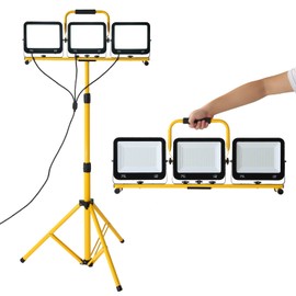 Yaoledly 225W 22500 Lumen Work Lights with Stand, Three Head LED Work Light with Individual Switch, 15FT Power Cord, IP66 Waterproof, Adjustable Metal Telescoping Tripod for Indoor and Outdoor