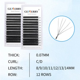 GEMERRY Volume Eyelashes, 5D Pre-Fanned Eyelash Extensions, Easy Fan Lashes, Volume Technology Clusters, 0.07 mm, D Curl Mix, 8-14 mm, Individual Eyelashes, Self-Fanning Lash Extensions by GEMERRY