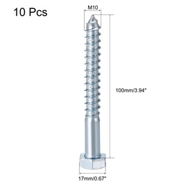 TA-VIGOR 10Pcs Coach Screws, M10 x 100mm Hex Head Lag Bolts, Carbon Steel Zinc Plated Sleeper Concrete Wood Screw Hexagon Lag Half Thread Self-Tapping Bolts for Outdoor Use in Decking, Fencing