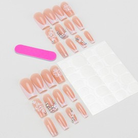 Gifiky 24Pcs French Tip Press on Nails - Medium Square False Nails with 3D Daisy Design, Elegant & Natural Nude Fake Nails for Women,Reusable Glue on Nails Full Cover Tips