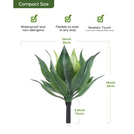 Velener Artificial Outdoor Agave Plants, Outdoor Faux Plants with Broad Leaves, Small Size UV Resistant Fake Agave Plants for Indoor and Outdoor Decor(14 Inch)-2 Pack