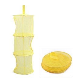 Mesh Hanging Storage Basket With 3 Compartments Foldable Hanging Storage Organizer Net Bag for Toys Storage, Space Saver Sundries Clothes Bra Underwear Socks Drying Basket Laundry Hamper (Yellow)