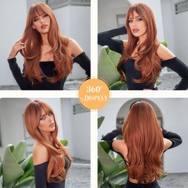 YINCNSI Auburn Wigs for Women,Long Curly Layered Wig with Bangs Synthetic Wigs Heat Resistant Wavy Hair for Party Cosplay Daily Use (26 Inch)