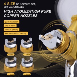 Zeinlenx HVLP Spray Gun with 10Pcs 600ML Disposable Paint Cups, 4 Nozzles,1.4/1.7/2.0/2.5mm, Automotive Gravity Feed Paint Spray Gun Kit with Air Compressor Regulator for Auto (Gold)