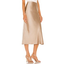 Skrtimory Womens Satin Silk High Waist Slit Midi Skirt Elastic Waistband Midi Skirts for women Champagne