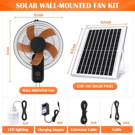 Grinsvalley 16" Solar Oscillating Fan for Wall Mount 7800mah Solar Battery Powered Household Fan with Charging Adapter, LED Lighting, 5 Blades 3 Speeds, for Bedroom Garage Patio Office Outside Indoor