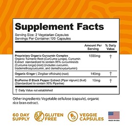 Curcumina de cúrcuma con bioperina de pimienta negra y jengibre – Fabricado en Estados Unidos – 120 cápsulas vegetarianas para absorción avanzada, sal