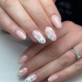 Easter Press on Nails Short Almond Petite Fake Nails Nude Pink Full Cover Easter Egg False Nails with Bunny Designs Cute Acrylic Nails Glossy Glue on Nails Manicure Artificial Nails for Women Girls