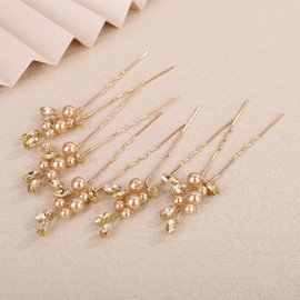 Teyglen 5pcs Champagne Rhinestone Wedding Hair Pins Bridal Crystal Pearl Beads Hair Pins Clips for Bride Headpiece Saprkly Hair Accessories for Women Crystal Hair Piece(Champagne)
