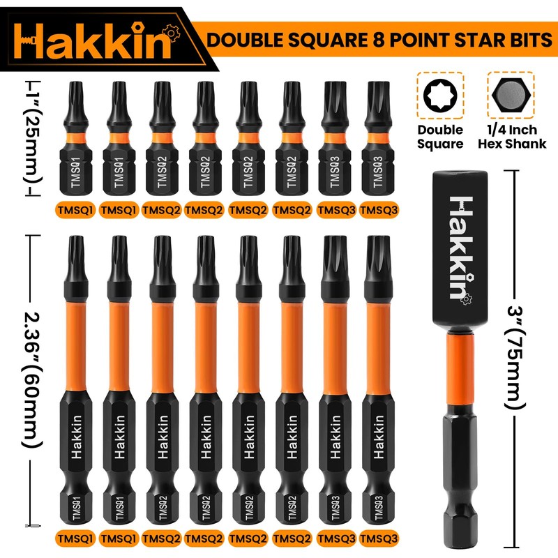 Double Square 8 Point Star Bit Set Hakkin 17Pcs S2