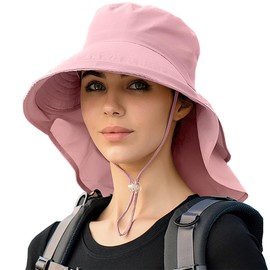 29 IYEBRAO Womens Sun Hat with Neck Flap and Ponytail Hole Wide Brim UPF 50+ Bucket Hat Beach Fishing Hiking Safari（Pink）