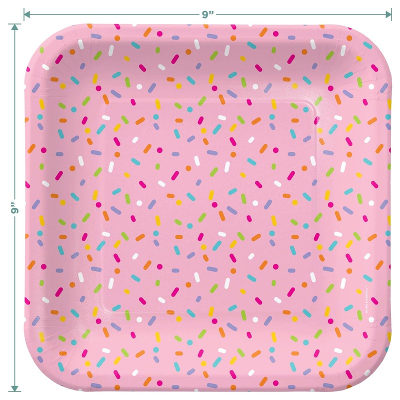 Confetti Sprinkles Pink Square Paper Dinner Plates for 16 Guests