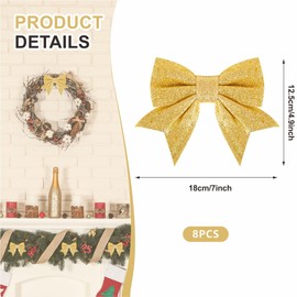 8pcs Gold Glitter Bows for Christmas Tree Decoration, 5 x 7inch Xmas Glitter Bows, Gold Christmas Decorative Bows for Christmas Tree, Decor Wreath, Christmas Home Party, Girls Butterfly Decoration