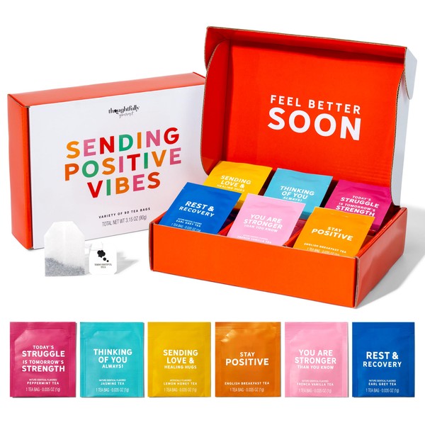 Thoughtfully Gourmet, Sending Positive Vibes Tea Gift Set, Tea Sampler Includes 6 Flavours of Tea with Uplifting Quotes, Great Get Well Gifts, Set of 90