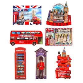 Set of 7 Wooden Magnets for Refrigerator London England Famous Icons Pictures Wooden Fridge Magnets