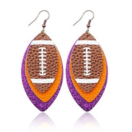 Glitter Layered Football Dangle Earrings Faux Leather Big Statement Football Earrings for Women Funny Sports Game Day Jewelry-orange purple