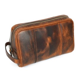 ELIZO Premium REAL Leather Toiletry Bag for Men Dopp Kitt Hanging Mens Toiletry Large TSA Toiletries Bag Shaving Grooming Bag Organizer