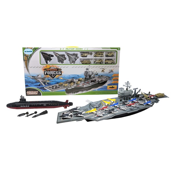 Toy Aircraft Carrier Ship with Warplanes and Submarine Combo, Includes 18 Fighter Jets Torpedo